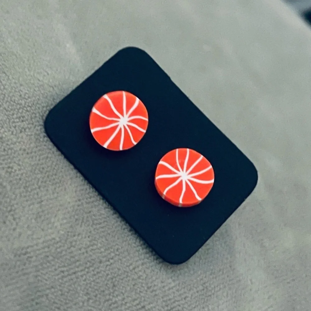 New Artisan Cantaloupe Slices Polymer Clay Sterling Silver Stud Earrings
